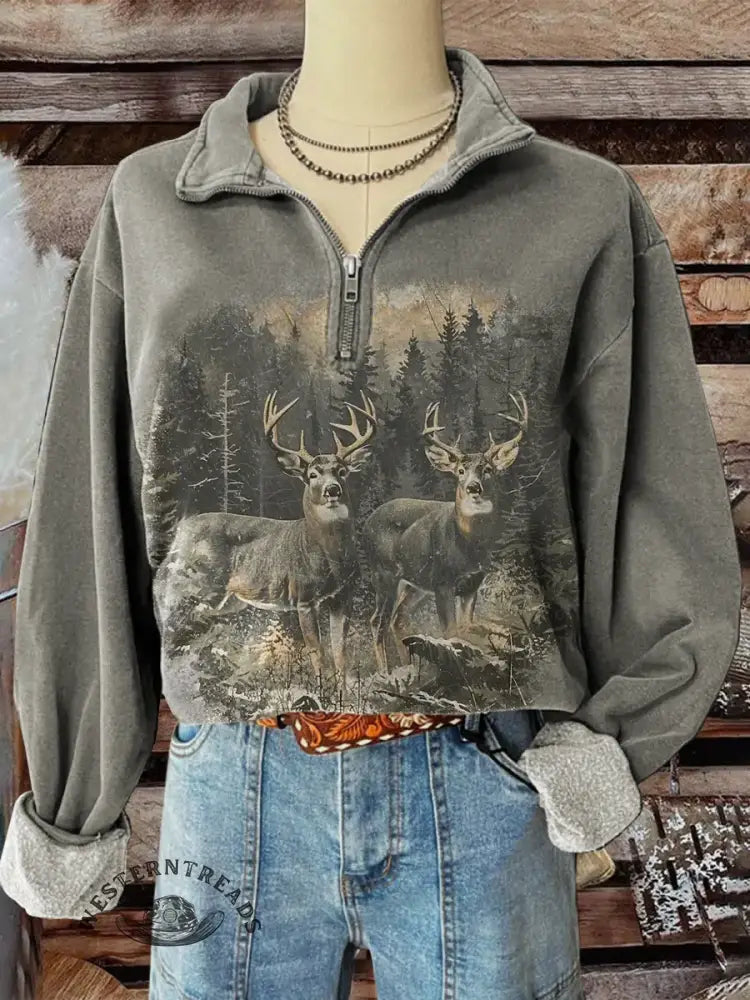 Women's Vintage Art Print Zip Sweater