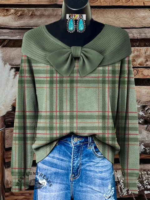 Women's Retro green plaid Print Casual Cotton sweater
