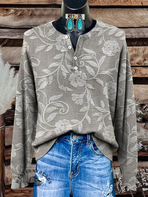 Floral Art Print Buttoned Cardigan Sweater