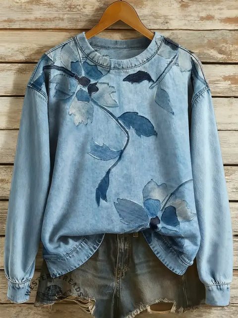 Floral Art Print Casual Denim Patchwork Top