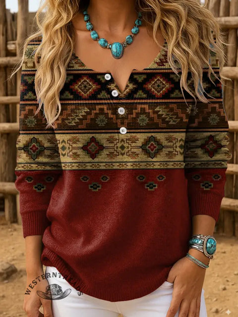 Retro Aztec Print Buttoned Cardigan Sweater
