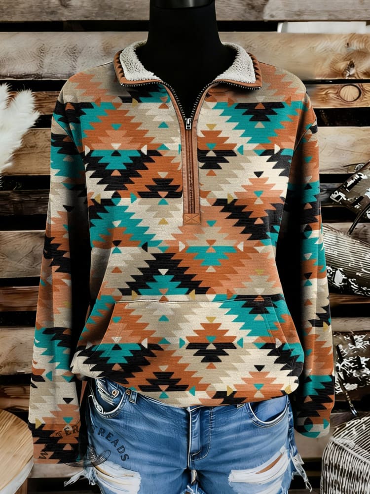 Retro Aztec Print Casual Half-zip Cotton Sweatshirt