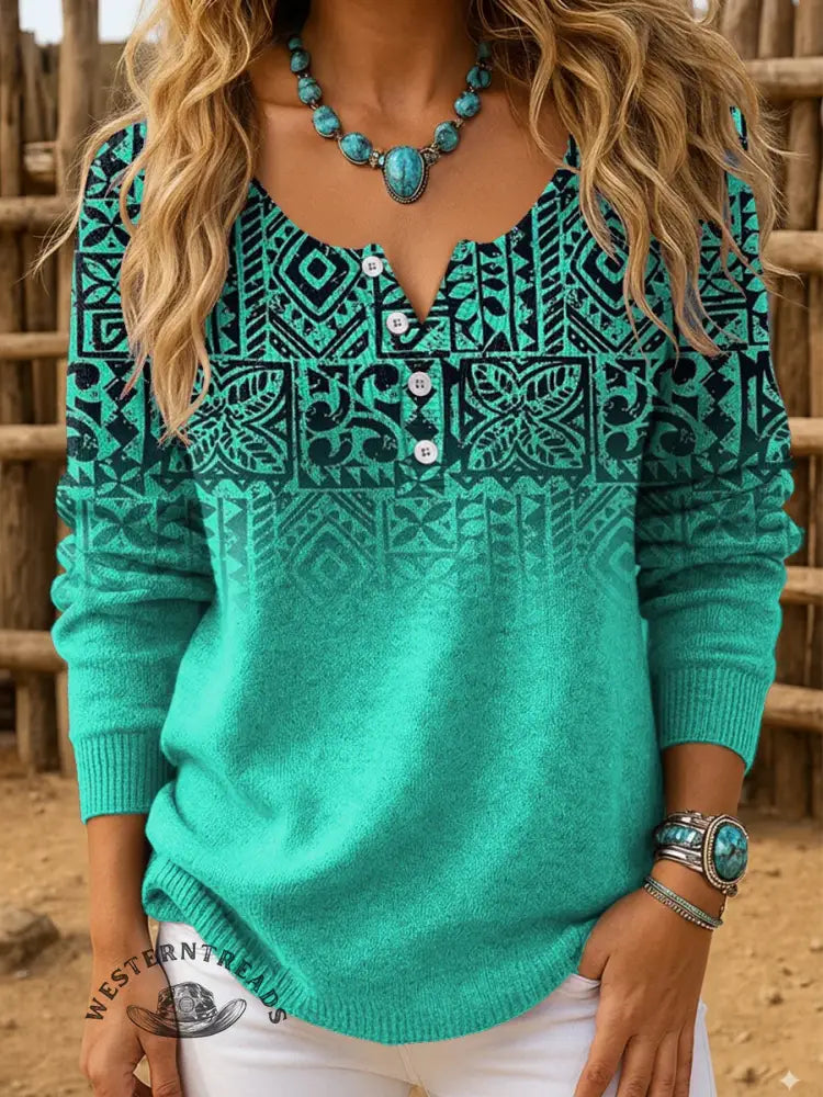 Retro Turquoise Art Print Buttoned Cardigan Sweater