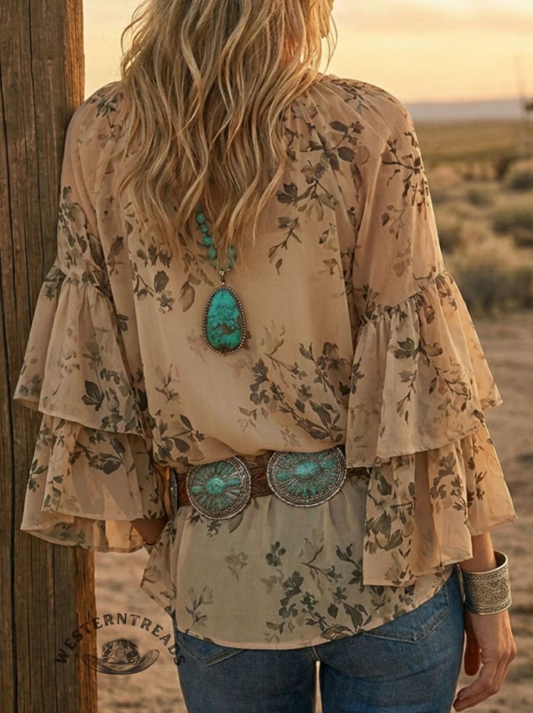 Vintage Floral Print Casual V-Neck Ruffled Chiffon Shirt
