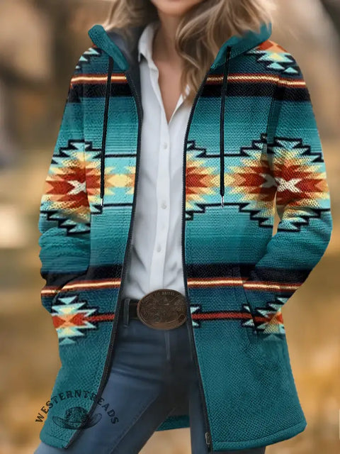 Retro Aztec Unisex Plush Thick Long-sleeved Cardigan Coat