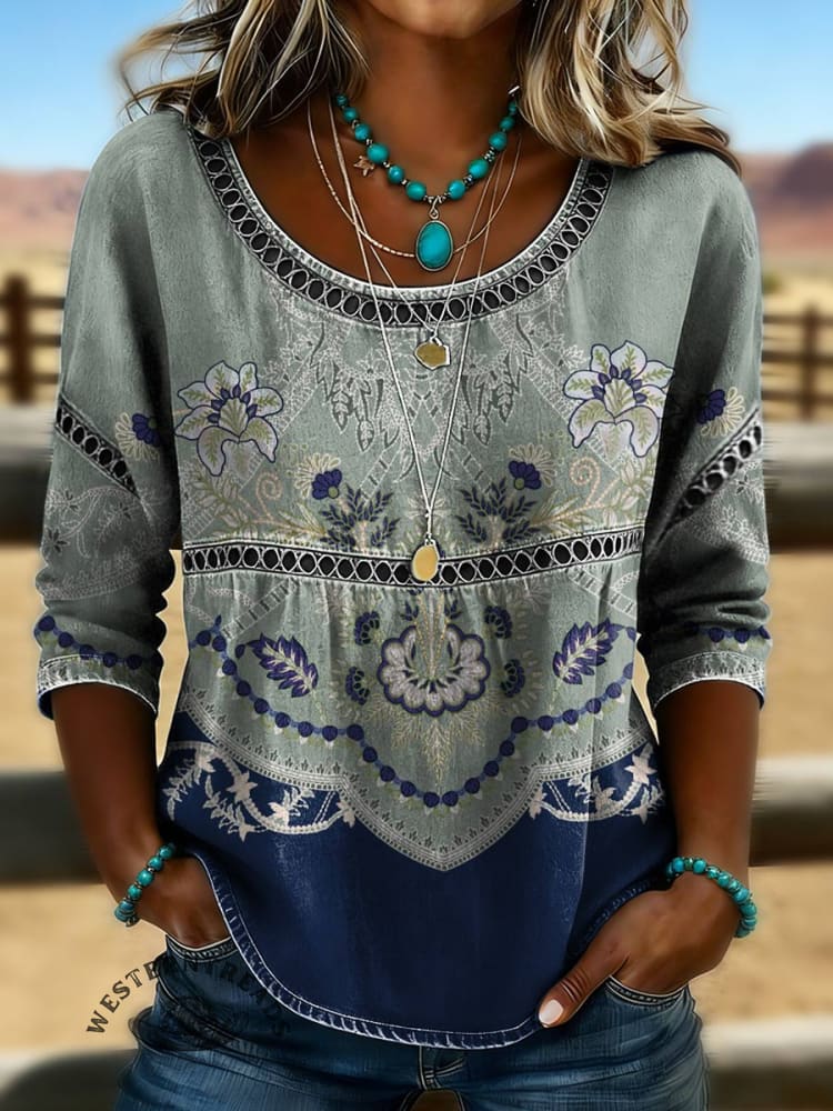 Women's Vintage Floral Print Casual Hollow Denim Shirt