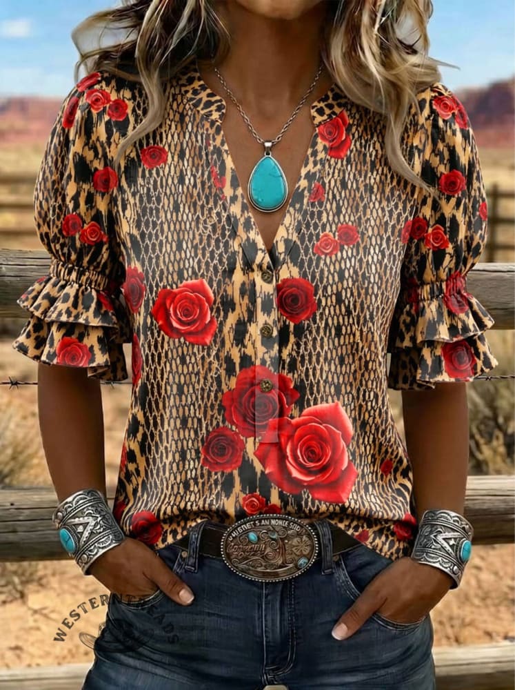 Women's Floral Cow Print Puff Sleeve Casual Shirt