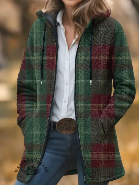 Checkered Print Unisex Plush Thick Long-Sleeved Cardigan Coat