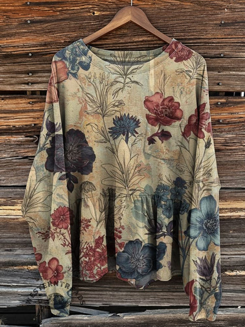 Women's Retro Floral Print Loose Casual Cotton Sweatshirt