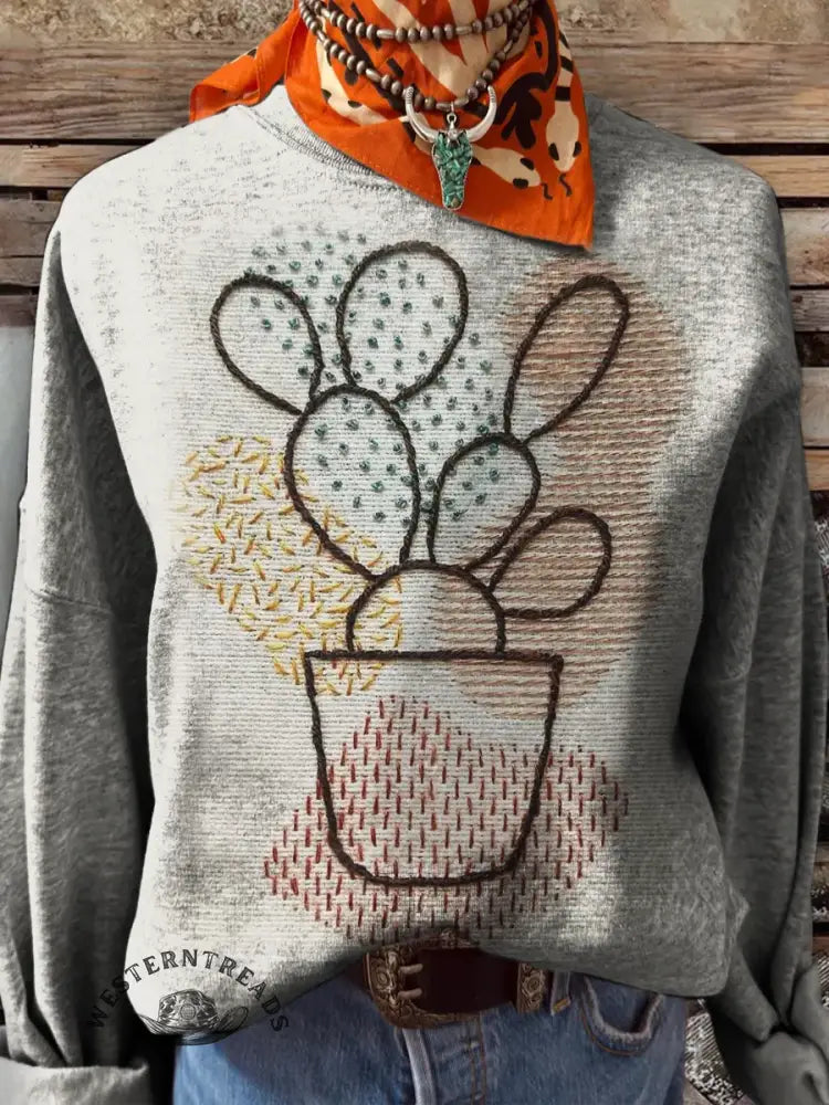 Vintage Cactus Art Print Casual Sweatshirt