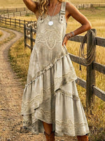 Vintage Floral Print Sleeveless Multi-layered Ruffled Strap Dress