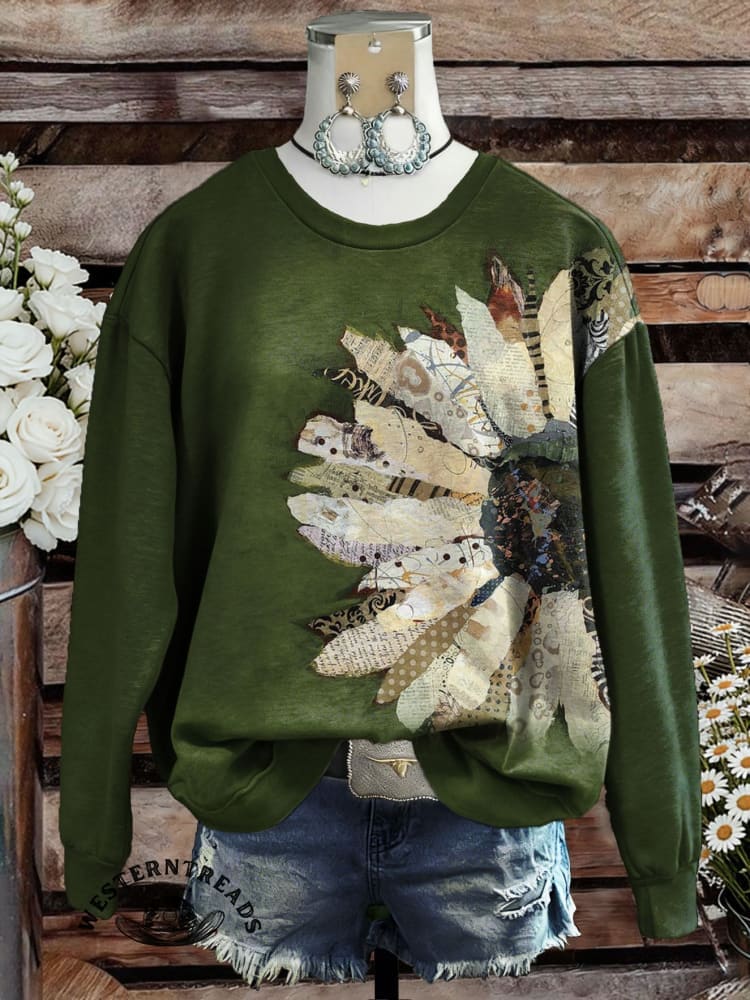 Women's Retro Ethnic Style Daisy Flowers Art V-neck Casual T-Shirt