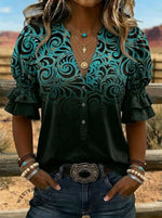 Abstract Art Print V-neck Puff Sleeve Ruffle Shirt