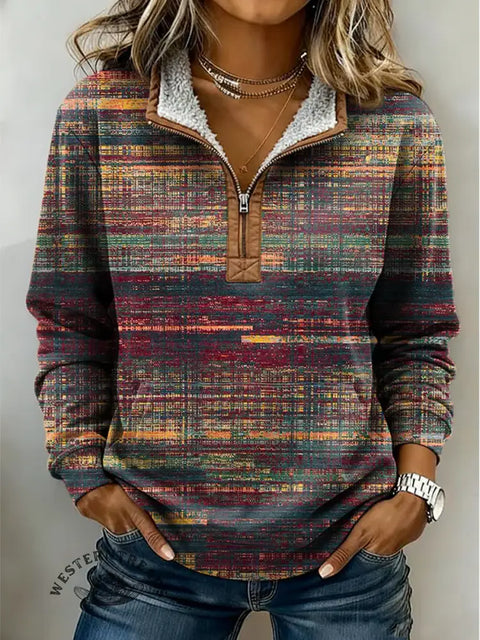 Retro Color Stripes Art Casual Half-zip Cotton Sweatshirt