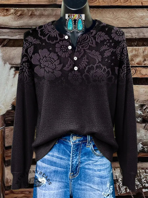 Retro Flower Gradient Print Buttoned Cardigan Sweater