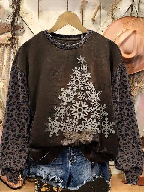 Retro Snow Tree Art Print Casual Cotton Leopard Print Christmas Sweatshirt