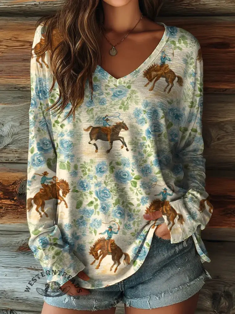 100% Cotton🍃Retro Horse Floral Art Print Casaul V-collar Long Sleeve Tee