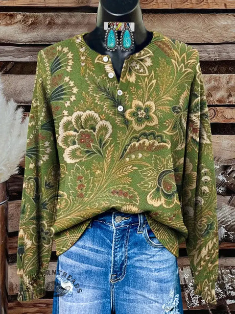 Retro Print Buttoned Cardigan Sweater