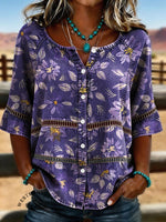 Women's Vintage Floral Print Casual Hollow-Out Denim Shirt