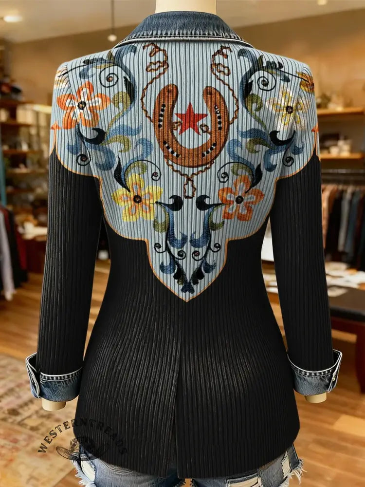 Retro Horseshoe Floral Pattern Print Patchwork Denim Sweater Cardigan Coat