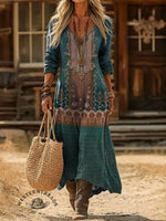 V-neck Retro Print Casual Loose Western Dress