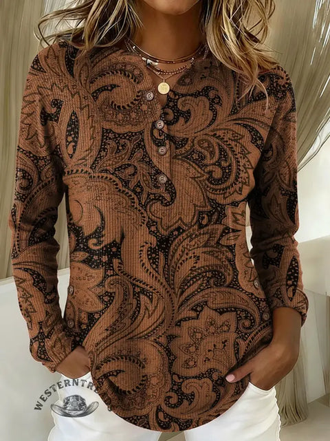 Women's Retro Floral Art Print Casual Cotton Shirt