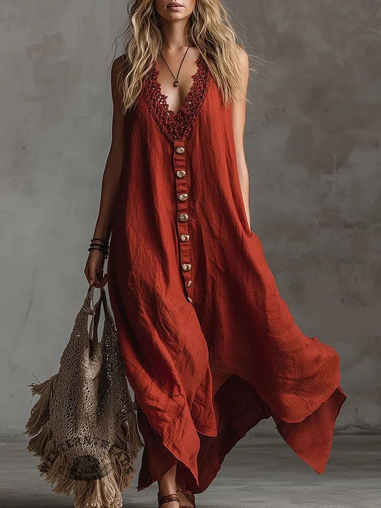 Women's Solid Color Sleeveless Cotton And Linen Tank Dress