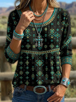 Vintage Art Print Casual 3/4 Sleeves Hollow Denim Shirt