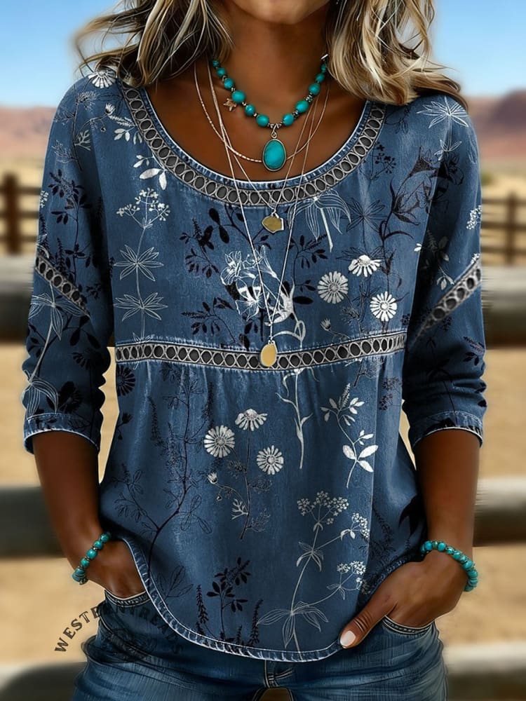 Women's Vintage Print Casual Hollow Denim Shirt