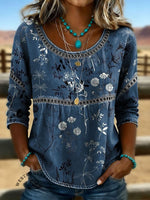 Women's Vintage Print Casual Hollow Denim Shirt