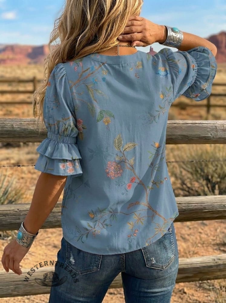 Women's Retro Floral Art Puff Sleeve Casual Shirt