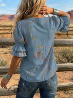 Women's Retro Floral Art Puff Sleeve Casual Shirt