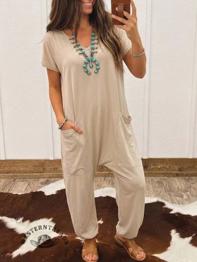 Women's Casual Jumpsuits V Neck Half Sleeve Long Rompers