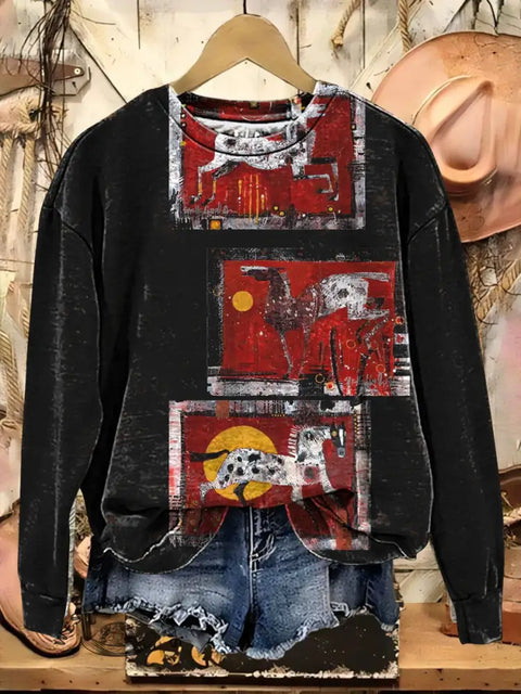 Retro Horse Art Print Casual Cotton Sweatshirt