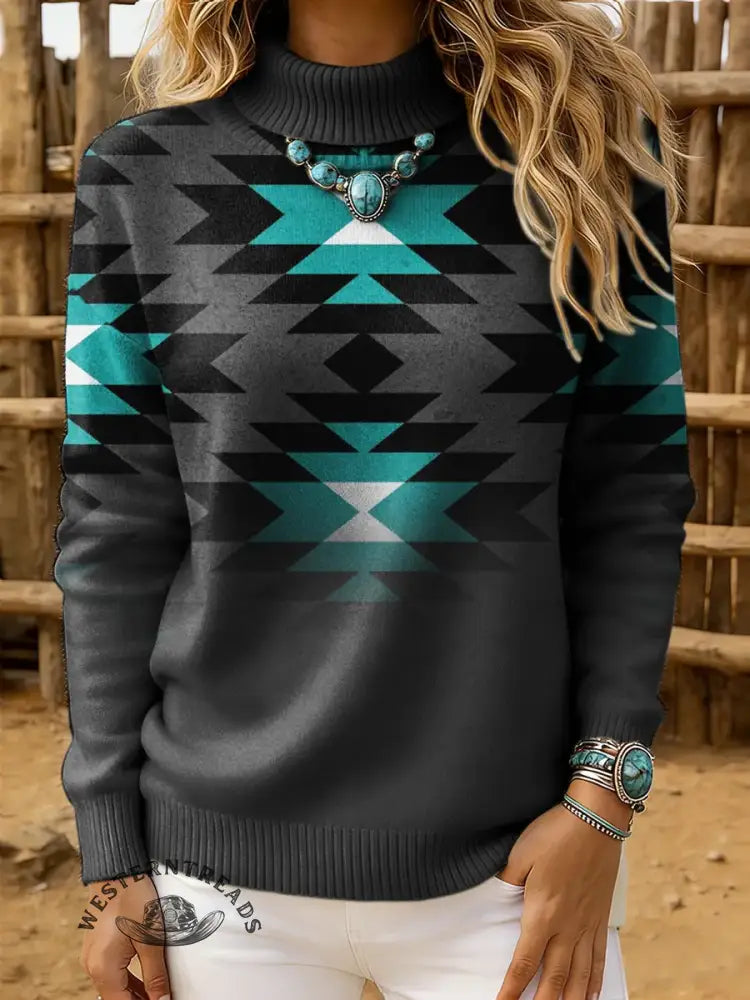 Women's Vintage Aztec Print Casual Turtleneck Sweater