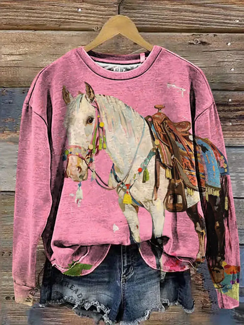 Horse Art Print Casual Cotton Sweatshirt
