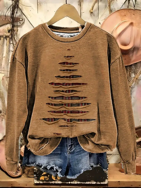 Retro Christmas Tree Art Casual Cotton Sweatshirt