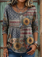 Vintage Independence Day Printed Casual Hollow Denim Shirt