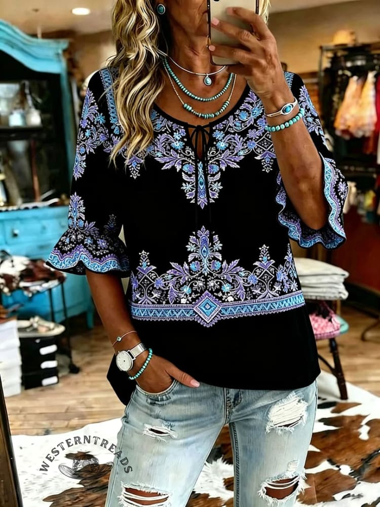 Women's Vintage Flowers Print Patchwork Casual Shirt