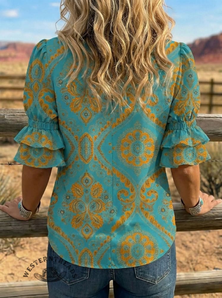 Women's Retro Floral Art Puff Sleeve Casual Shirt