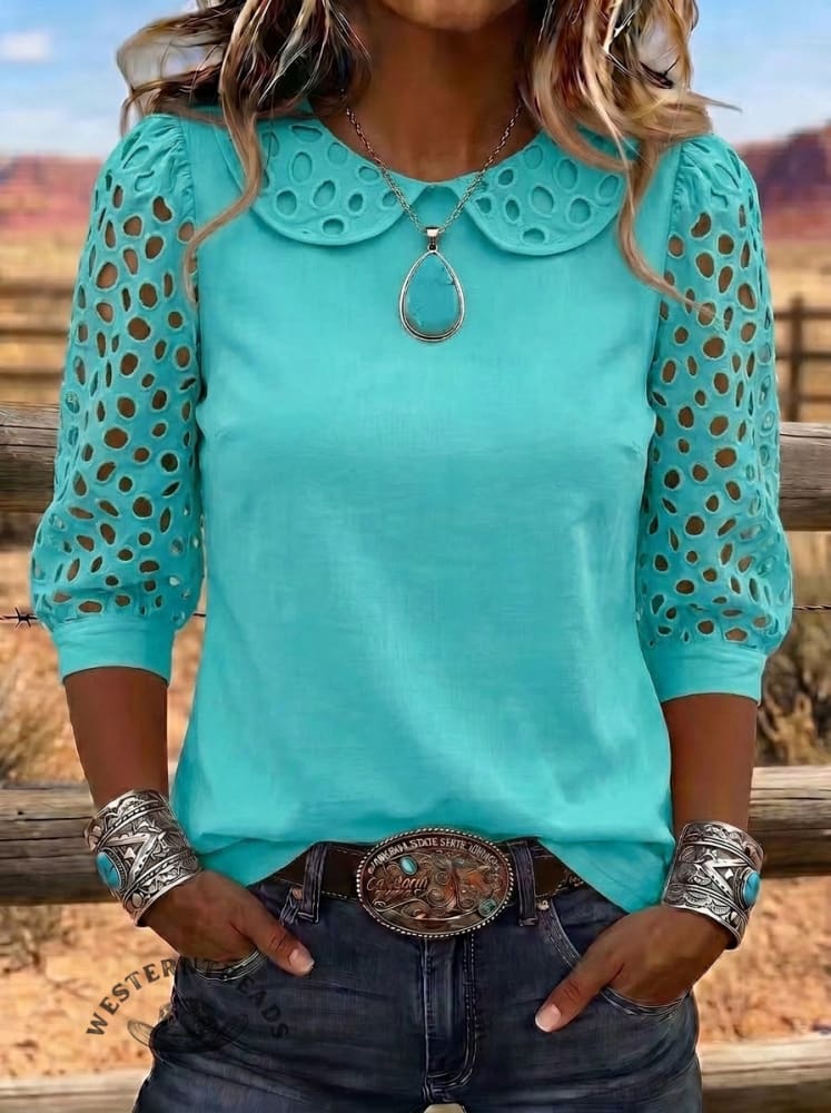 Women's Hollow Puff Sleeve Peter Pan Collar Top