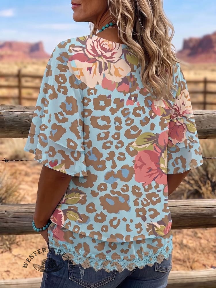 Vintage Art Chiffon Patchwork Lace Shirt