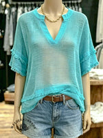 Turquoise Mesh Knit V-neck Top