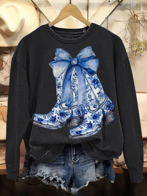 Western Boots Print Casual Cotton Sweatshirt