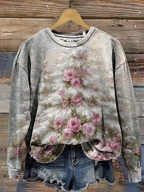 Retro Rose Christmas Tree Print Casual Cotton Sweatshirt