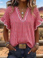Retro Red Gingham V-Neck Ruffle Blouse