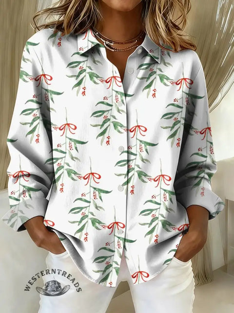 Women's Christmas Art Print Casual Cotton Shirt