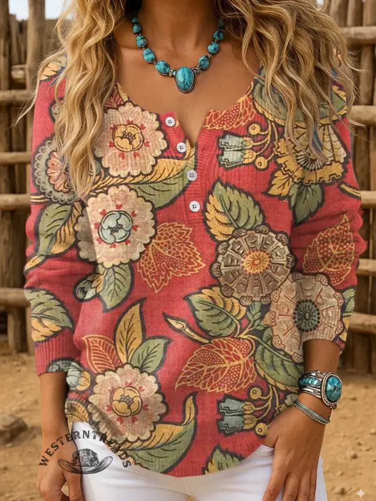 Vintage Art Print Buttoned Sweater