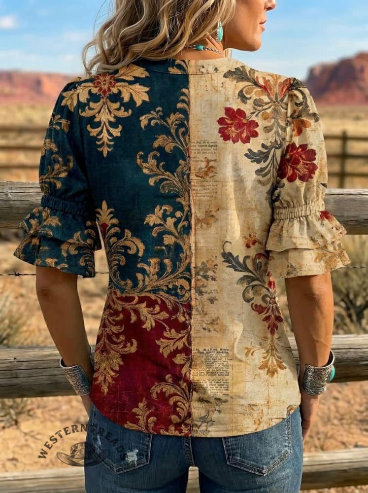 Women's Retro Floral Art Puff Sleeve Casual Shirt