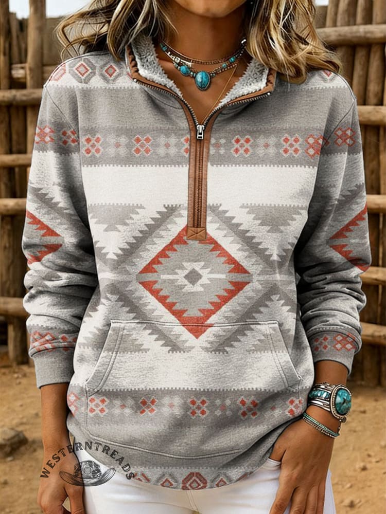 Retro Aztec Print Casual Half-zip Cotton Sweatshirt
